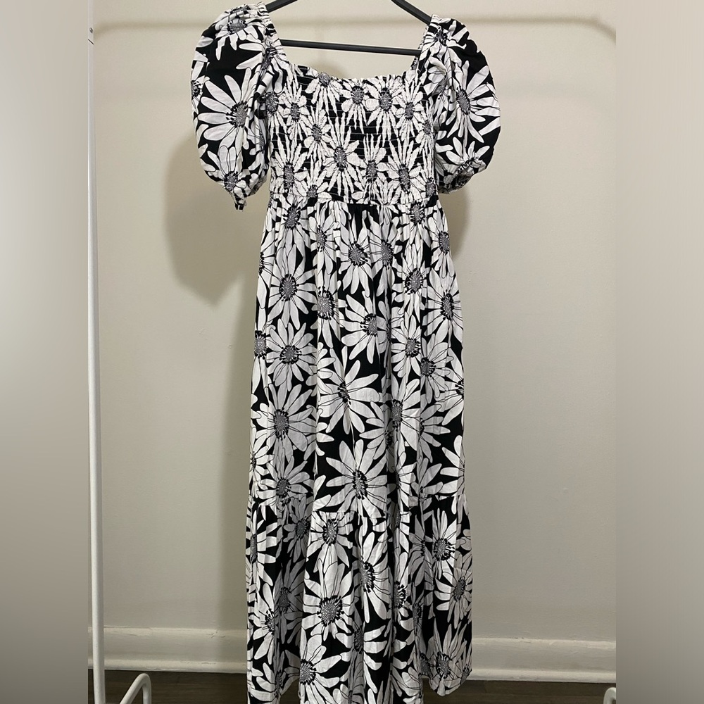 INC International Concepts Smocked Puff Sleeve Midi Dress Floral Size PM